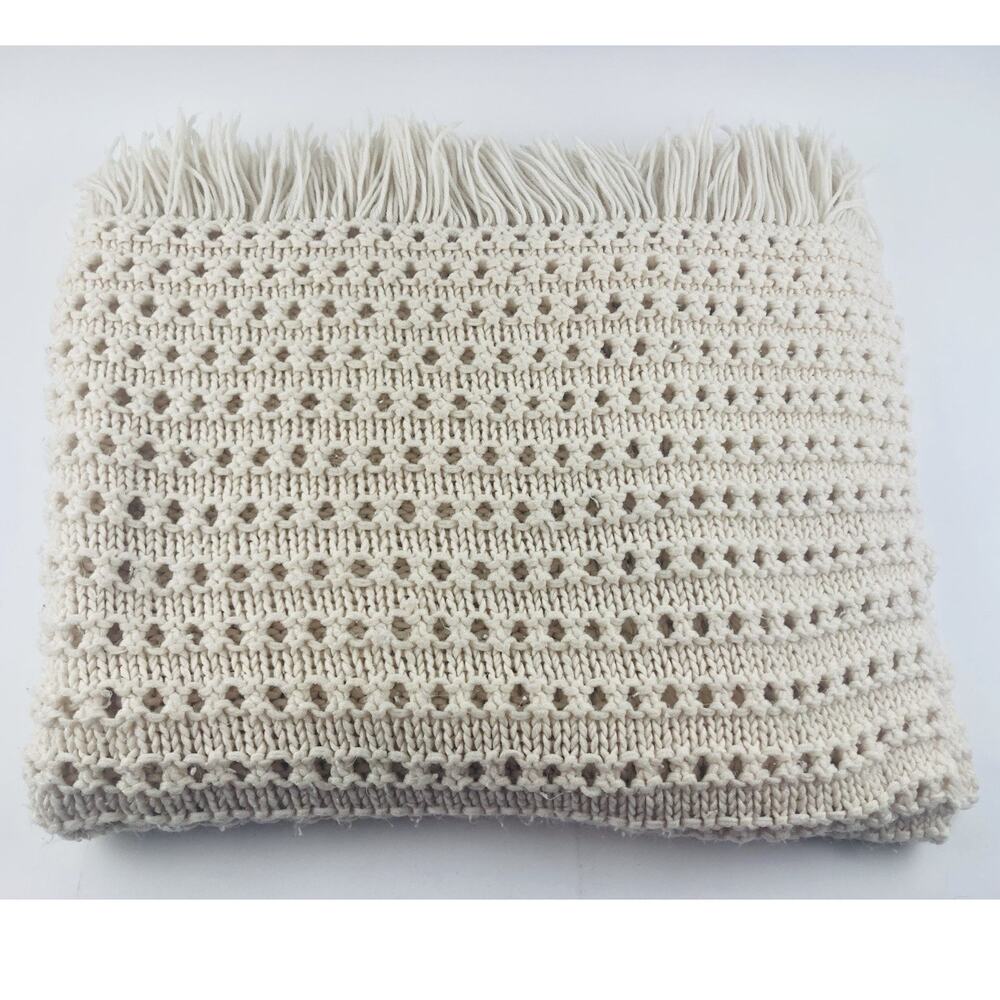 Handmade Afghan Throw Blanket Fringe Cream Ivory Cottage Crochet Knitted Ecru Wh